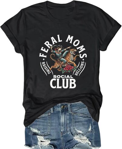 Mama Shirts for Women Cool Feral Moms Social Club T-Shirt Vintage Western Graphic Shirt Funny Mothers Day Tee Tops in Saudi Arabia