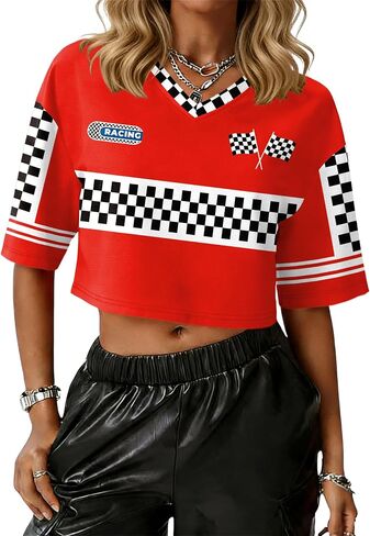 Women's Race Day Crop Top Checkered Flag Racing Cropped T-Shirt V Neck Race Lover Tee Racing Jersey for Women in Kuwait