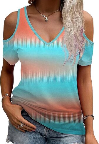 Flamingals V Neck Cold Shoulder T-Shirt for Women Ombre Striped Summer Casual Short Sleeve Tops in Saudi Arabia