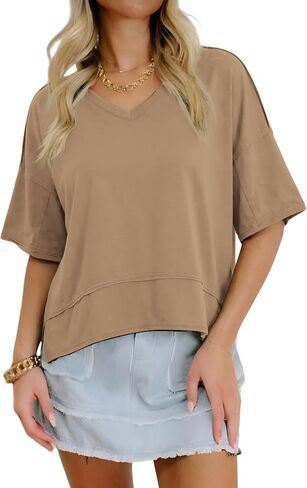 Women's Summer Casual V Neck T Shirts Loose Fit Half Sleeve Cotton Tops Basic Tees Fashion Clothing 2026 in Saudi Arabia