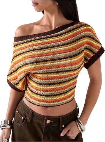 OYOANGLE Women's Striped Off The Shoulder Top Cinched Waist Crop Tops Textured Short Sleeve Y2K Shirts in Kuwait