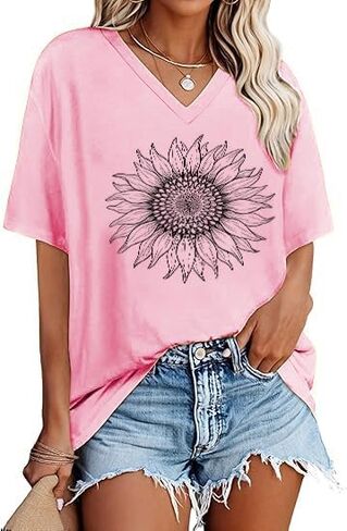 Oversized Tshirts for Women V Neck Graphic Tees Summer Casual Short Sleeve Basic Loose Tops 2026 in Saudi Arabia