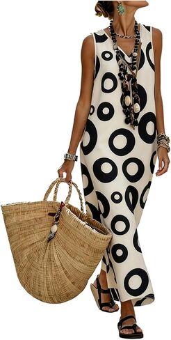 SHENHE Women's Summer V Neck Tank Maxi Dress Geometric Print Sleeveless Flowy Vacation Sundress in Kuwait