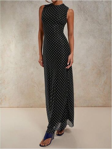 Milumia Women's Polka Dots Mesh Maxi Tank Dress Elegant Sleeveless Bodycon Long Dresses in Saudi Arabia
