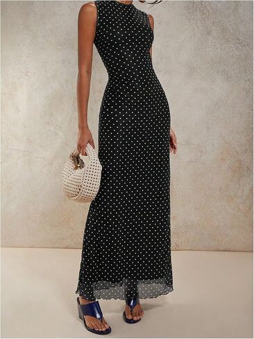Milumia Women's Polka Dots Mesh Maxi Tank Dress Elegant Sleeveless Bodycon Long Dresses in Saudi Arabia