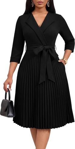 Nmoder Pleated Dress for Women|A Line Lapel Collar Tie Waist Semi-Formal Business Casual Midi Dresses with Pockets 3/4 Sleeve in Saudi Arabia