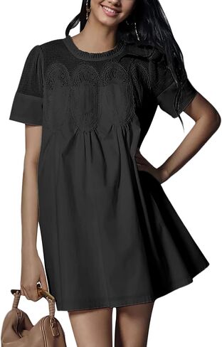 Womens Summer Lace Mini Babydoll Dress Ruffled Collar Short Sleeve Loose Mesh Swing Elegant Flared Sundress in Saudi Arabia
