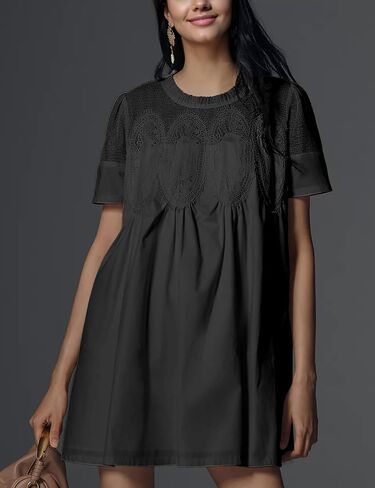 Womens Summer Lace Mini Babydoll Dress Ruffled Collar Short Sleeve Loose Mesh Swing Elegant Flared Sundress in Saudi Arabia