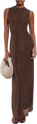 Milumia Women's Polka Dots Mesh Maxi Tank Dress Elegant Sleeveless Bodycon Long Dresses in Saudi Arabia