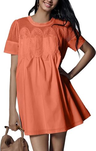 Womens Summer Lace Mini Babydoll Dress Ruffled Collar Short Sleeve Loose Mesh Swing Elegant Flared Sundress in Saudi Arabia