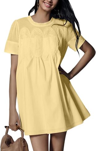 Womens Summer Lace Mini Babydoll Dress Ruffled Collar Short Sleeve Loose Mesh Swing Elegant Flared Sundress in Saudi Arabia