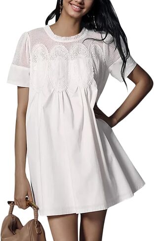 Womens Summer Lace Mini Babydoll Dress Ruffled Collar Short Sleeve Loose Mesh Swing Elegant Flared Sundress in Saudi Arabia