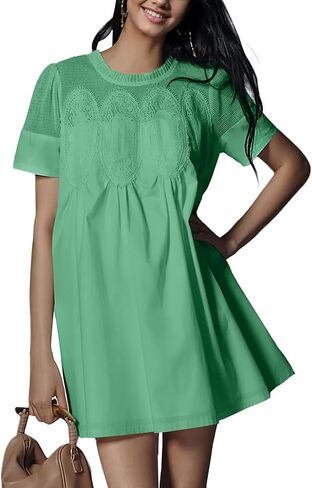 Womens Summer Lace Mini Babydoll Dress Ruffled Collar Short Sleeve Loose Mesh Swing Elegant Flared Sundress in Saudi Arabia