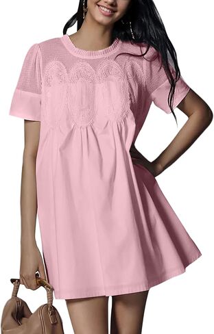 Womens Summer Lace Mini Babydoll Dress Ruffled Collar Short Sleeve Loose Mesh Swing Elegant Flared Sundress in Saudi Arabia
