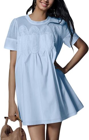Womens Summer Lace Mini Babydoll Dress Ruffled Collar Short Sleeve Loose Mesh Swing Elegant Flared Sundress in Saudi Arabia