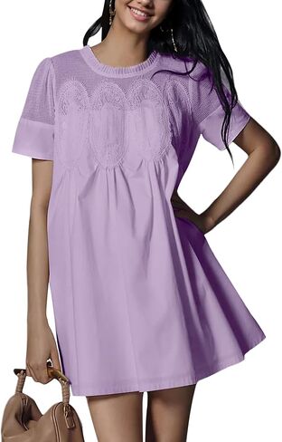 Womens Summer Lace Mini Babydoll Dress Ruffled Collar Short Sleeve Loose Mesh Swing Elegant Flared Sundress in Saudi Arabia