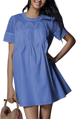 Womens Summer Lace Mini Babydoll Dress Ruffled Collar Short Sleeve Loose Mesh Swing Elegant Flared Sundress in Saudi Arabia