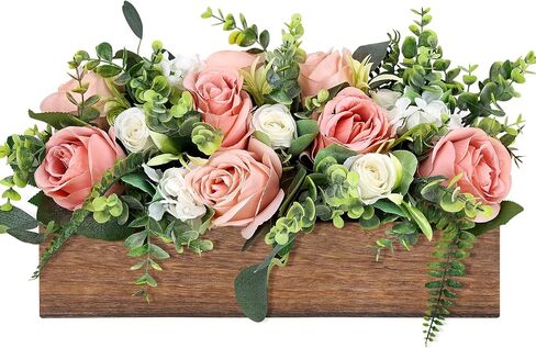 Pink Table Centerpieces for Dining Room, Artificial Dusty Rose Table Centerpieces Wood Tray with White Cream Dusty Pink Roses for Wedding Living Room Party Bar Kitchen Table in Saudi Arabia