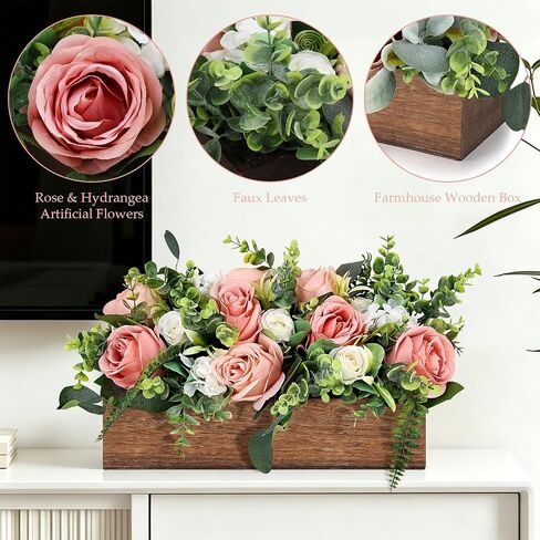 Pink Table Centerpieces for Dining Room, Artificial Dusty Rose Table Centerpieces Wood Tray with White Cream Dusty Pink Roses for Wedding Living Room Party Bar Kitchen Table in Saudi Arabia