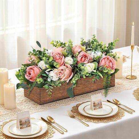 Pink Table Centerpieces for Dining Room, Artificial Dusty Rose Table Centerpieces Wood Tray with White Cream Dusty Pink Roses for Wedding Living Room Party Bar Kitchen Table in Saudi Arabia