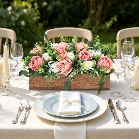 Pink Table Centerpieces for Dining Room, Artificial Dusty Rose Table Centerpieces Wood Tray with White Cream Dusty Pink Roses for Wedding Living Room Party Bar Kitchen Table in Saudi Arabia