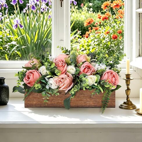 Pink Table Centerpieces for Dining Room, Artificial Dusty Rose Table Centerpieces Wood Tray with White Cream Dusty Pink Roses for Wedding Living Room Party Bar Kitchen Table in Saudi Arabia