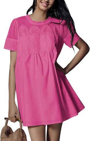 Womens Summer Lace Mini Babydoll Dress Ruffled Collar Short Sleeve Loose Mesh Swing Elegant Flared Sundress in Saudi Arabia