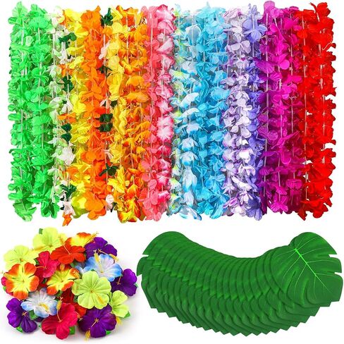84 Pcs Hawaiian Party Decorations, Hawaiian Leis Tropical Palm Leaves Hibiscus Flowers for Luau Jungle Summer Beach Pool Party Table Decor in Kuwait