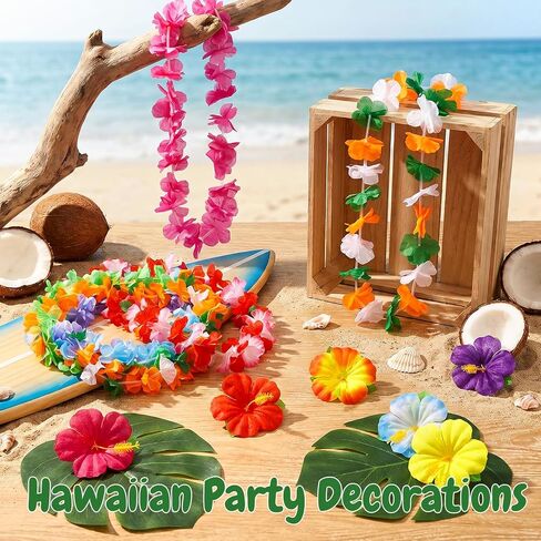 84 Pcs Hawaiian Party Decorations, Hawaiian Leis Tropical Palm Leaves Hibiscus Flowers for Luau Jungle Summer Beach Pool Party Table Decor in Kuwait