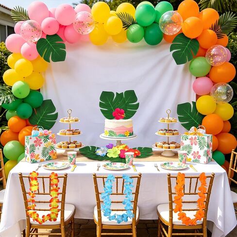 84 Pcs Hawaiian Party Decorations, Hawaiian Leis Tropical Palm Leaves Hibiscus Flowers for Luau Jungle Summer Beach Pool Party Table Decor in Kuwait
