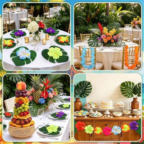 84 Pcs Hawaiian Party Decorations, Hawaiian Leis Tropical Palm Leaves Hibiscus Flowers for Luau Jungle Summer Beach Pool Party Table Decor in Kuwait