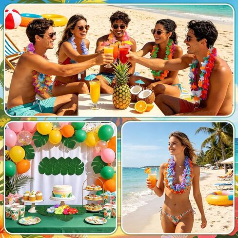 84 Pcs Hawaiian Party Decorations, Hawaiian Leis Tropical Palm Leaves Hibiscus Flowers for Luau Jungle Summer Beach Pool Party Table Decor in Kuwait