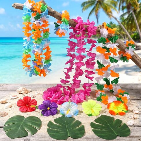 84 Pcs Hawaiian Party Decorations, Hawaiian Leis Tropical Palm Leaves Hibiscus Flowers for Luau Jungle Summer Beach Pool Party Table Decor in Kuwait