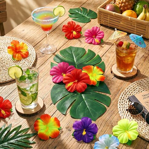 84 Pcs Hawaiian Party Decorations, Hawaiian Leis Tropical Palm Leaves Hibiscus Flowers for Luau Jungle Summer Beach Pool Party Table Decor in Kuwait