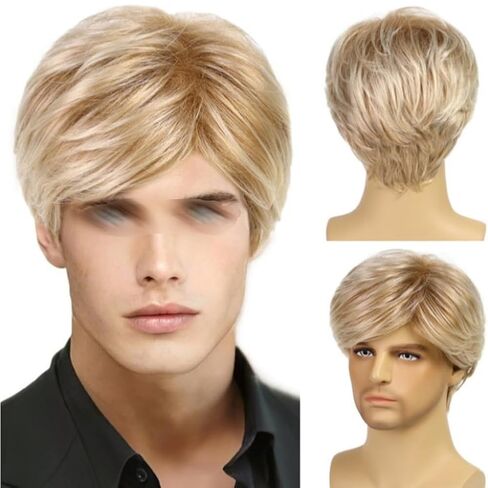 Men Short Blonde Wig Realistic Male Wig Cosplay Synthetic Hair Wigs for Men Layered Natural Looking Blonde Wigs for Daily Wear Halloween Party Costume Gold Gray (Gold) in Saudi Arabia