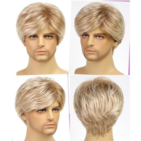 Men Short Blonde Wig Realistic Male Wig Cosplay Synthetic Hair Wigs for Men Layered Natural Looking Blonde Wigs for Daily Wear Halloween Party Costume Gold Gray (Gold) in Saudi Arabia