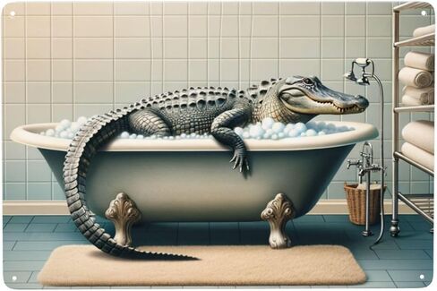 Quirky Alligator Bath Time Wall Art decor,Home Decor Metal Tin Sign,Fun Bathroom Poster,Retro Metal Antique Tinplate,Unique Indoor Decor Gift for Wild Animal Lovers,Whimsical Wall Pediment 5.5x8inch in Saudi Arabia
