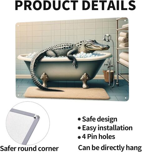Quirky Alligator Bath Time Wall Art decor,Home Decor Metal Tin Sign,Fun Bathroom Poster,Retro Metal Antique Tinplate,Unique Indoor Decor Gift for Wild Animal Lovers,Whimsical Wall Pediment 5.5x8inch in Saudi Arabia