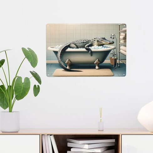 Quirky Alligator Bath Time Wall Art decor,Home Decor Metal Tin Sign,Fun Bathroom Poster,Retro Metal Antique Tinplate,Unique Indoor Decor Gift for Wild Animal Lovers,Whimsical Wall Pediment 5.5x8inch in Saudi Arabia