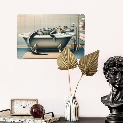 Quirky Alligator Bath Time Wall Art decor,Home Decor Metal Tin Sign,Fun Bathroom Poster,Retro Metal Antique Tinplate,Unique Indoor Decor Gift for Wild Animal Lovers,Whimsical Wall Pediment 5.5x8inch in Saudi Arabia
