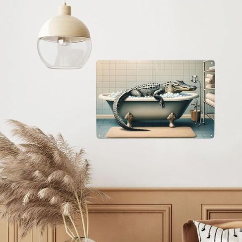 Quirky Alligator Bath Time Wall Art decor,Home Decor Metal Tin Sign,Fun Bathroom Poster,Retro Metal Antique Tinplate,Unique Indoor Decor Gift for Wild Animal Lovers,Whimsical Wall Pediment 5.5x8inch in Saudi Arabia