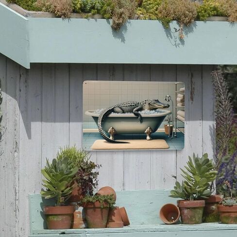 Quirky Alligator Bath Time Wall Art decor,Home Decor Metal Tin Sign,Fun Bathroom Poster,Retro Metal Antique Tinplate,Unique Indoor Decor Gift for Wild Animal Lovers,Whimsical Wall Pediment 5.5x8inch in Saudi Arabia