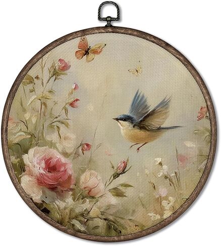Giosve Vintage Floral Sparrow Bird Round Wall Art Canvas Framed Poster, Rustic Farmhouse Cottagecore Bird Floral Hanging Wall Sculptures for Home Bedroom Living Room Decor, 10x10 Inch in Saudi Arabia