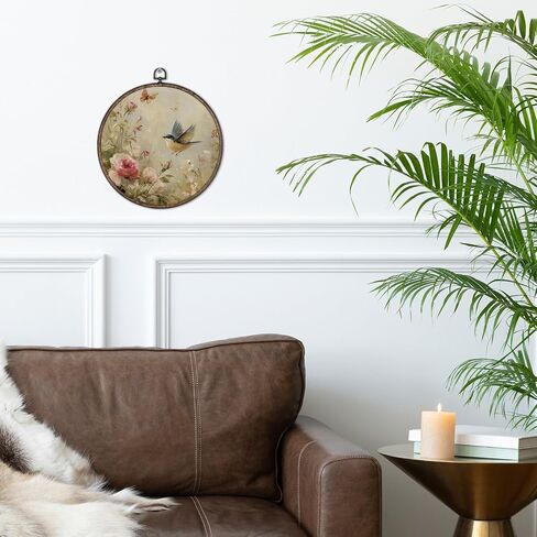 Giosve Vintage Floral Sparrow Bird Round Wall Art Canvas Framed Poster, Rustic Farmhouse Cottagecore Bird Floral Hanging Wall Sculptures for Home Bedroom Living Room Decor, 10x10 Inch in Saudi Arabia