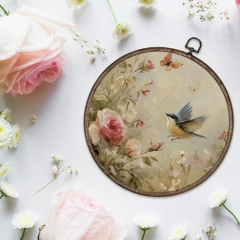 Giosve Vintage Floral Sparrow Bird Round Wall Art Canvas Framed Poster, Rustic Farmhouse Cottagecore Bird Floral Hanging Wall Sculptures for Home Bedroom Living Room Decor, 10x10 Inch in Saudi Arabia