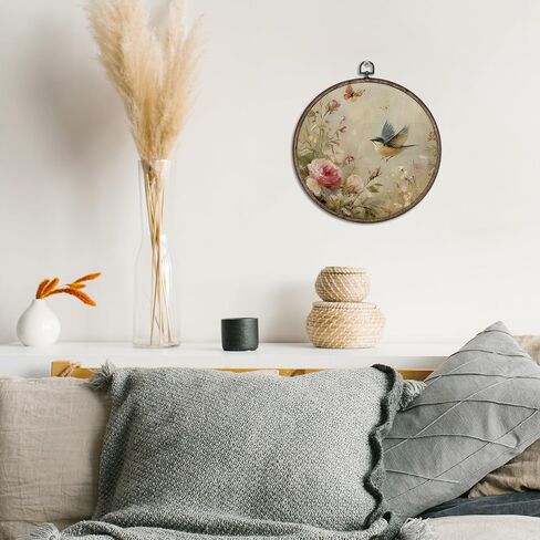 Giosve Vintage Floral Sparrow Bird Round Wall Art Canvas Framed Poster, Rustic Farmhouse Cottagecore Bird Floral Hanging Wall Sculptures for Home Bedroom Living Room Decor, 10x10 Inch in Saudi Arabia