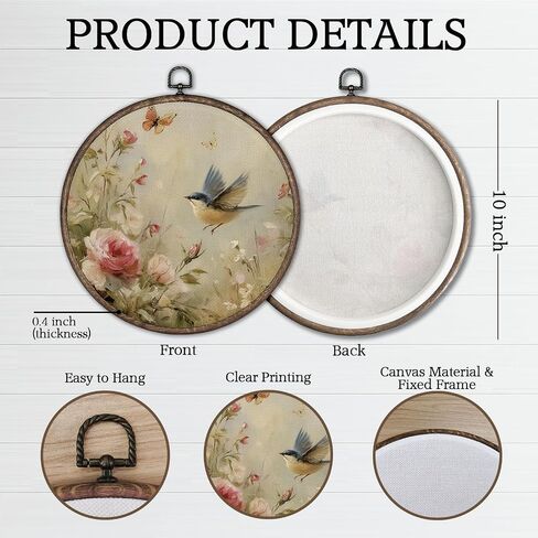 Giosve Vintage Floral Sparrow Bird Round Wall Art Canvas Framed Poster, Rustic Farmhouse Cottagecore Bird Floral Hanging Wall Sculptures for Home Bedroom Living Room Decor, 10x10 Inch in Saudi Arabia