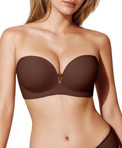 Popilush Strapless Bras for Women Push Up Bra Non Slip Wireless Supportive Padded Bras Seamless Comfortable Tube Bra Everyday Wear Brown M in Saudi Arabia