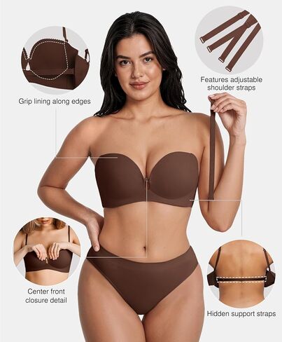 Popilush Strapless Bras for Women Push Up Bra Non Slip Wireless Supportive Padded Bras Seamless Comfortable Tube Bra Everyday Wear Brown M in Saudi Arabia