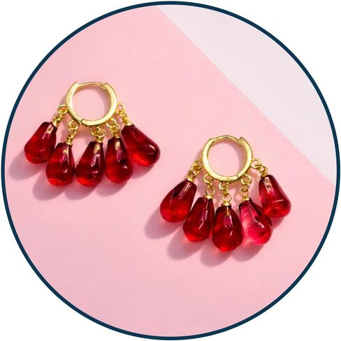 Pomegranate Hoop Earrings for Women, 14K Gold Plated Stainless Steel Hoops with Glass Seed Charms, Hypoallergenic Dangling Earrings Jewelry Gifts in Saudi Arabia